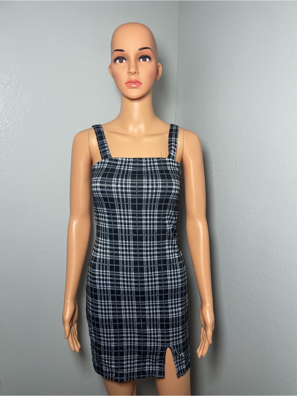 Plaid Square-Neck Mini Dress in Black and White